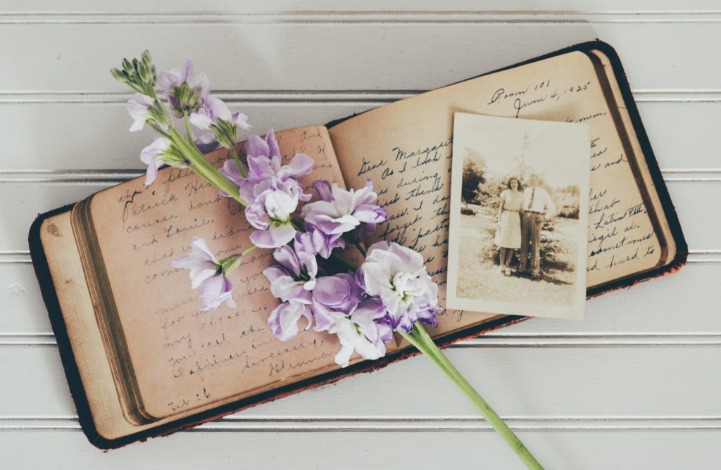 purple flowers on brown open book